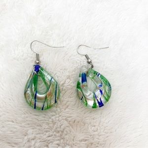 Blown glass drop shaped earrings green and blue